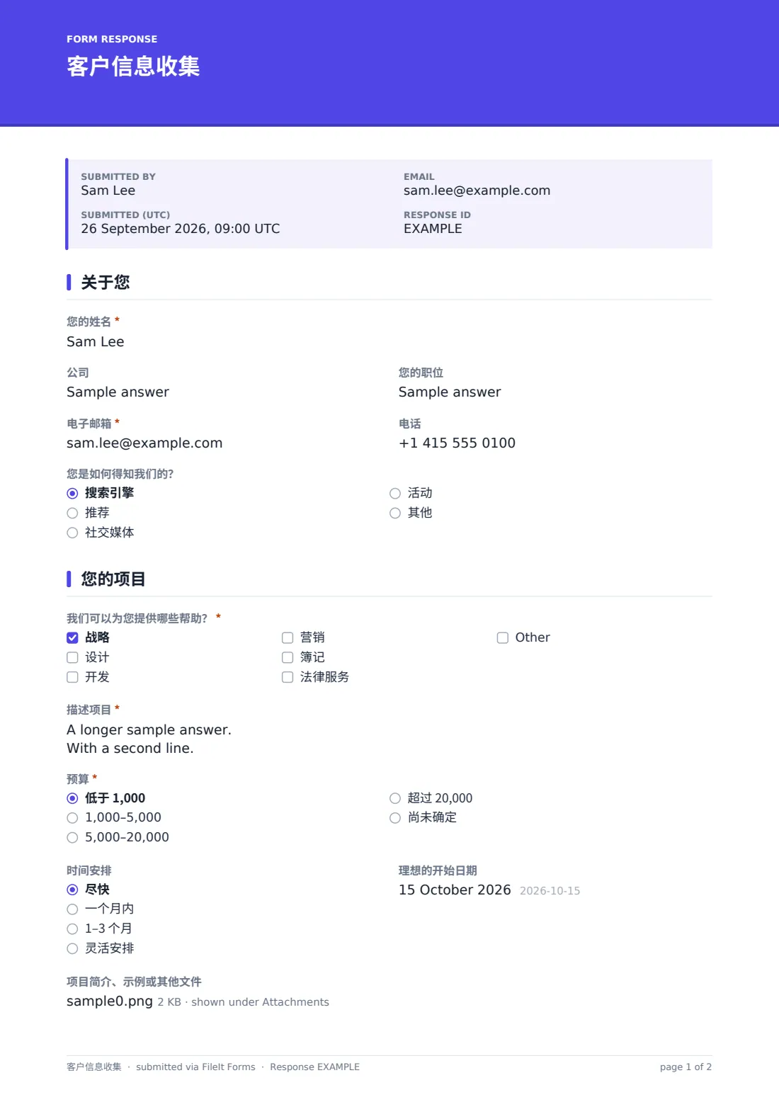 客户信息收集 — 示例回复 PDF，第 1 页，共 2 页