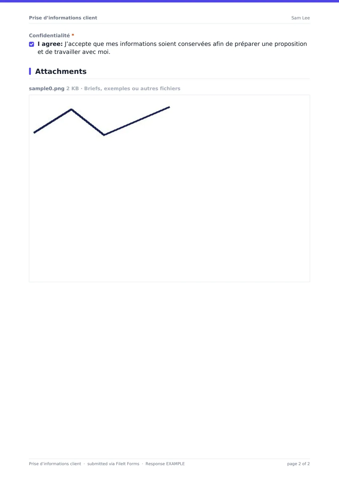Prise d’informations client — exemple de réponse au format PDF, page 2 sur 2