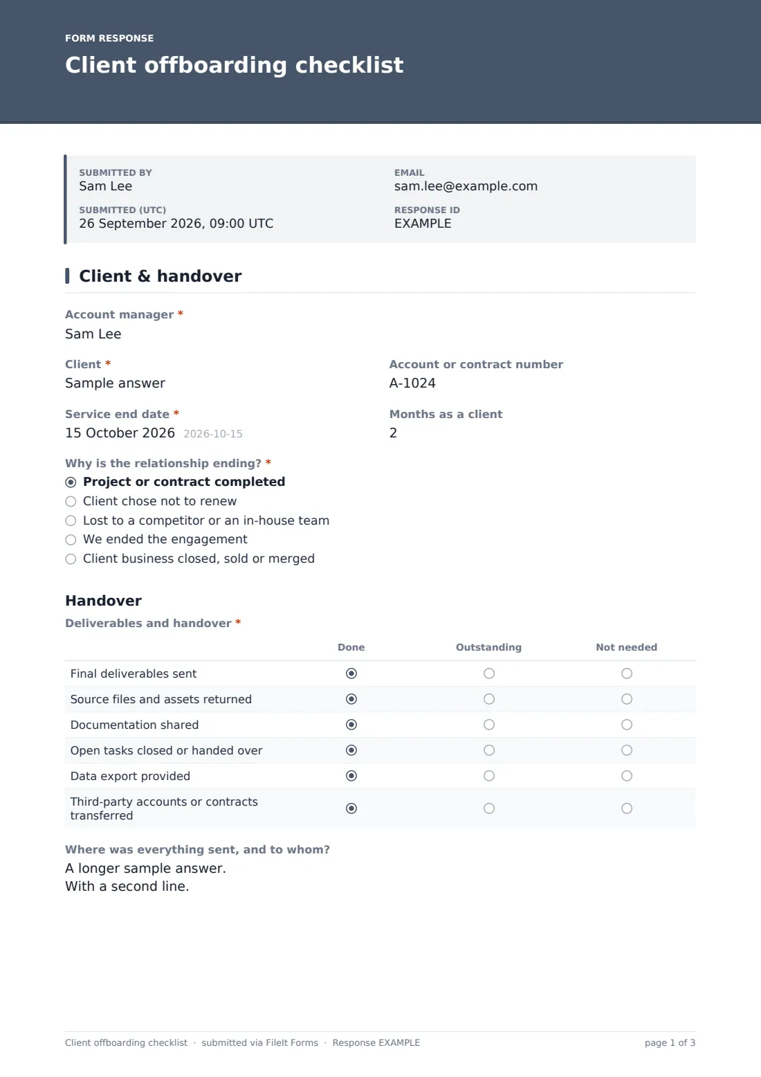 Client offboarding checklist — example response PDF, page 1 of 3