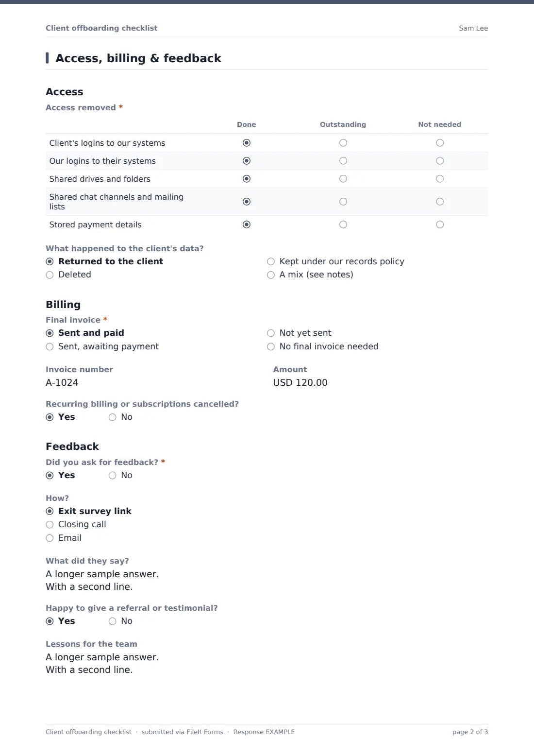 Client offboarding checklist — example response PDF, page 2 of 3