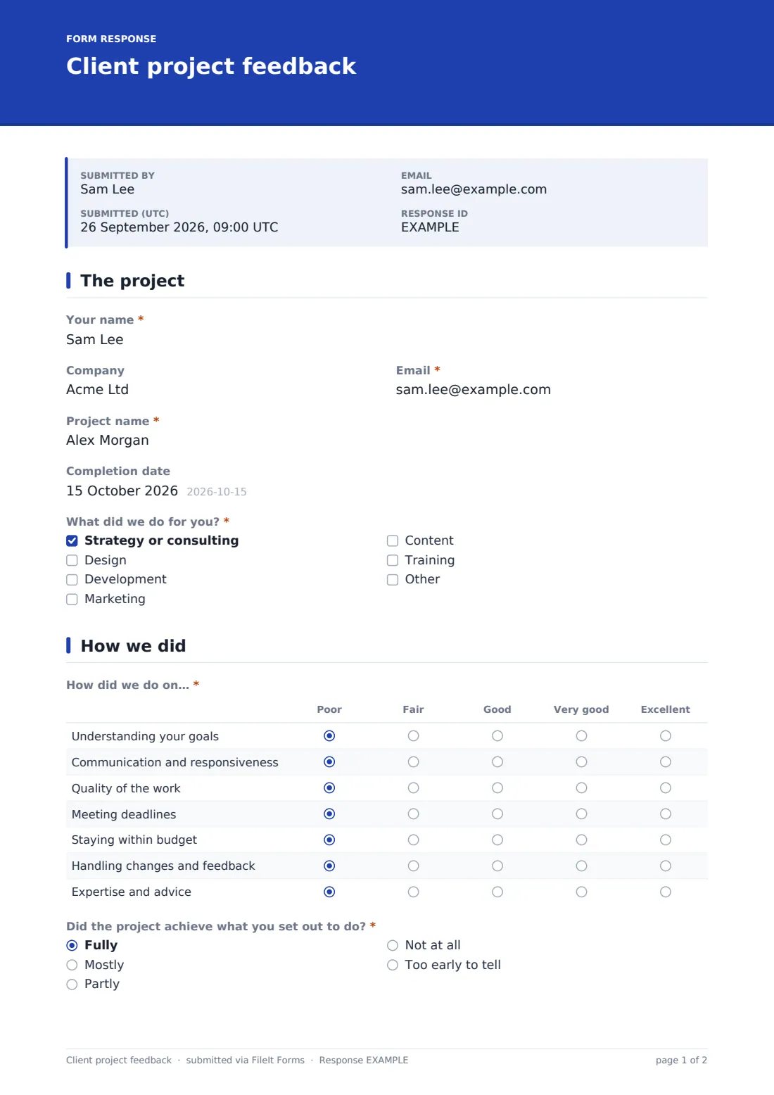 Client project feedback — example response PDF, page 1 of 2