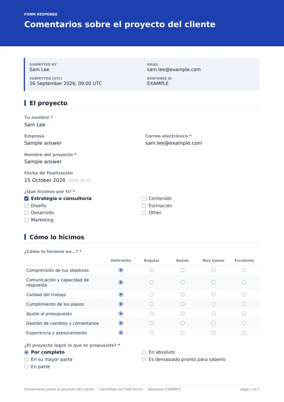 Comentarios sobre el proyecto del cliente — PDF de respuesta de ejemplo, página 1 de 2