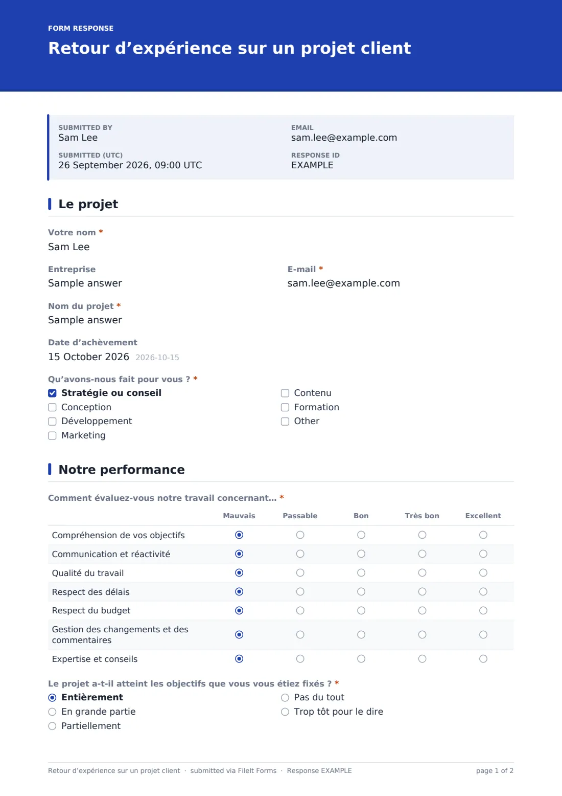Retour d’expérience sur un projet client — exemple de réponse au format PDF, page 1 sur 2