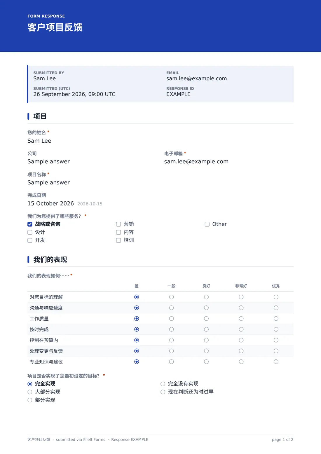 客户项目反馈 — 示例回复 PDF，第 1 页，共 2 页