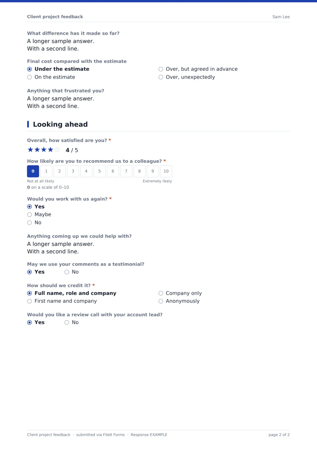 Client project feedback — example response PDF, page 2 of 2