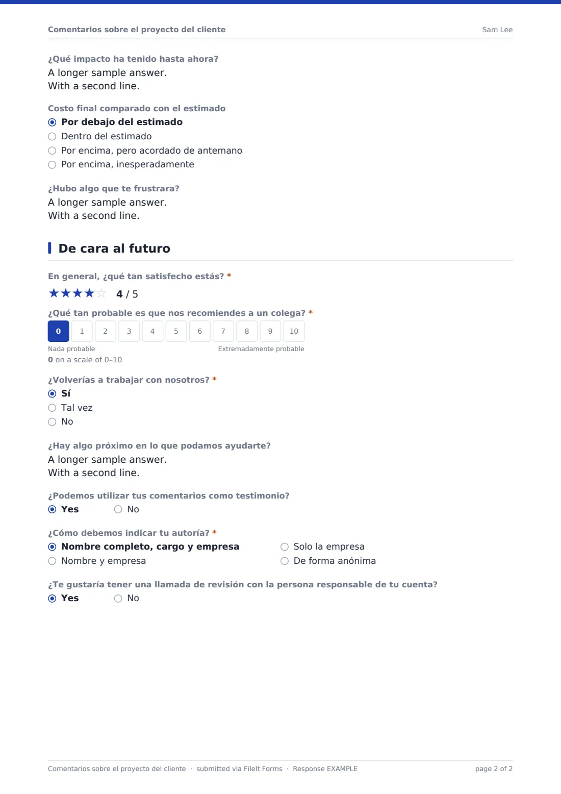 Comentarios sobre el proyecto del cliente — PDF de respuesta de ejemplo, página 2 de 2