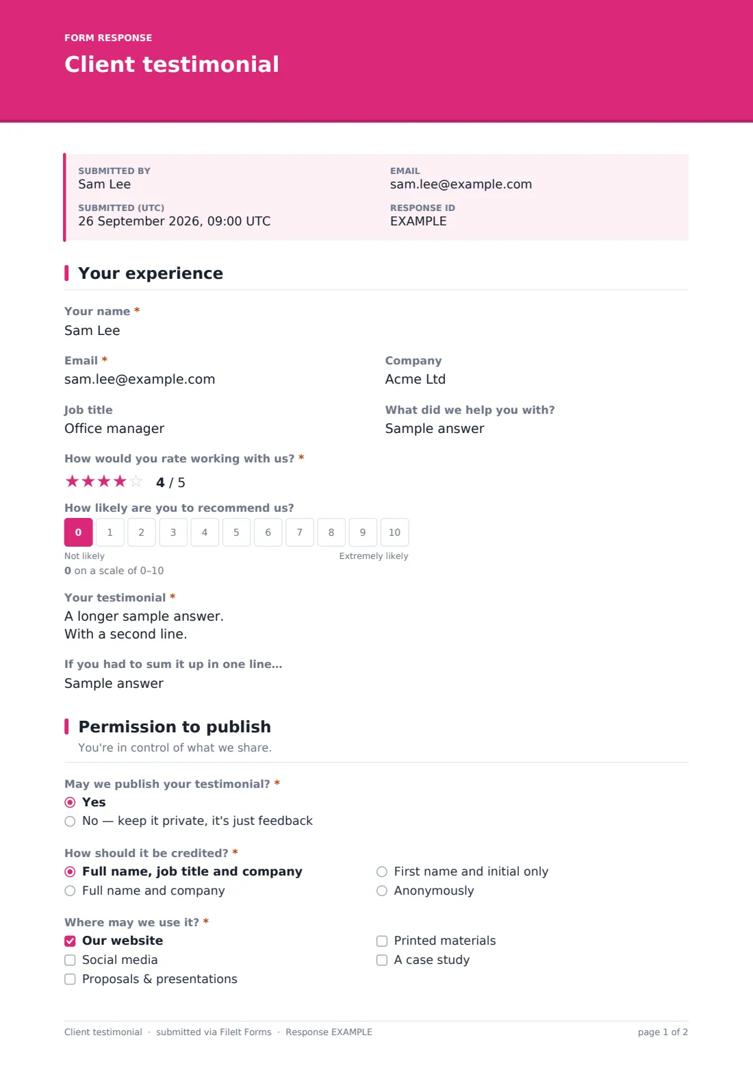 Client testimonial — example response PDF, page 1 of 2