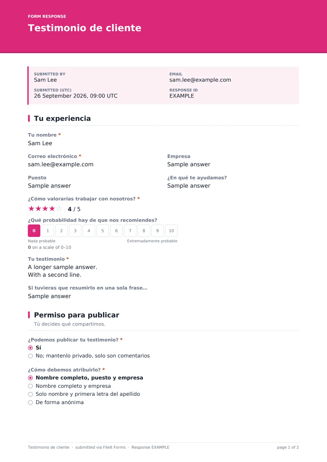 Testimonio de cliente — PDF de respuesta de ejemplo, página 1 de 2