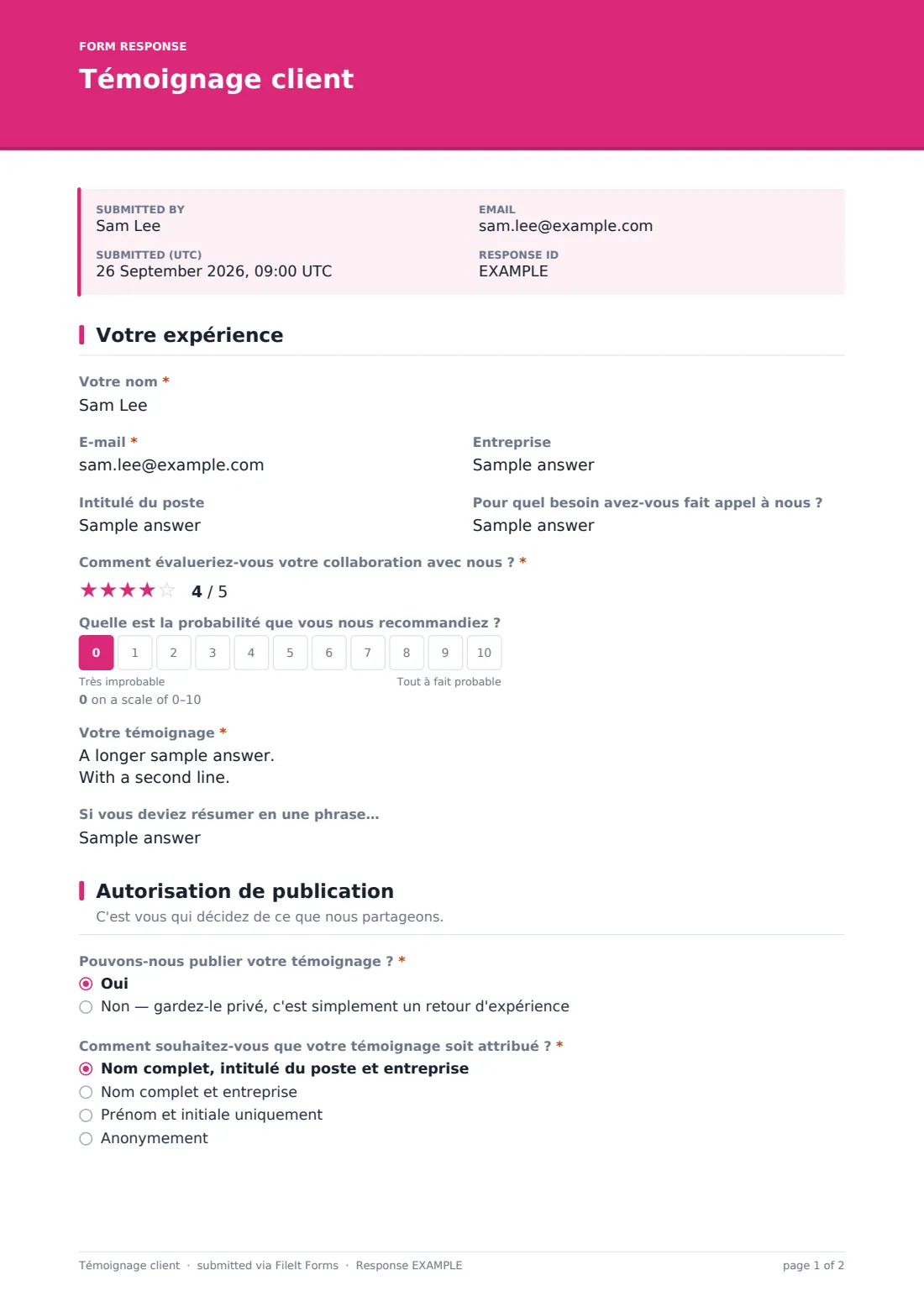 Témoignage client — exemple de réponse au format PDF, page 1 sur 2