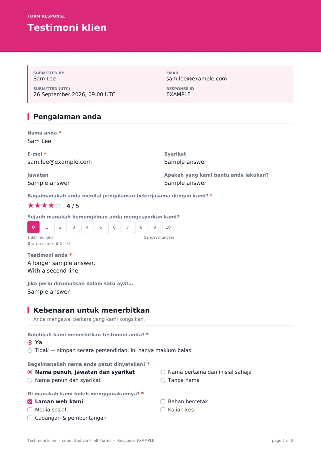 Testimoni klien — PDF respons contoh, halaman 1 daripada 2