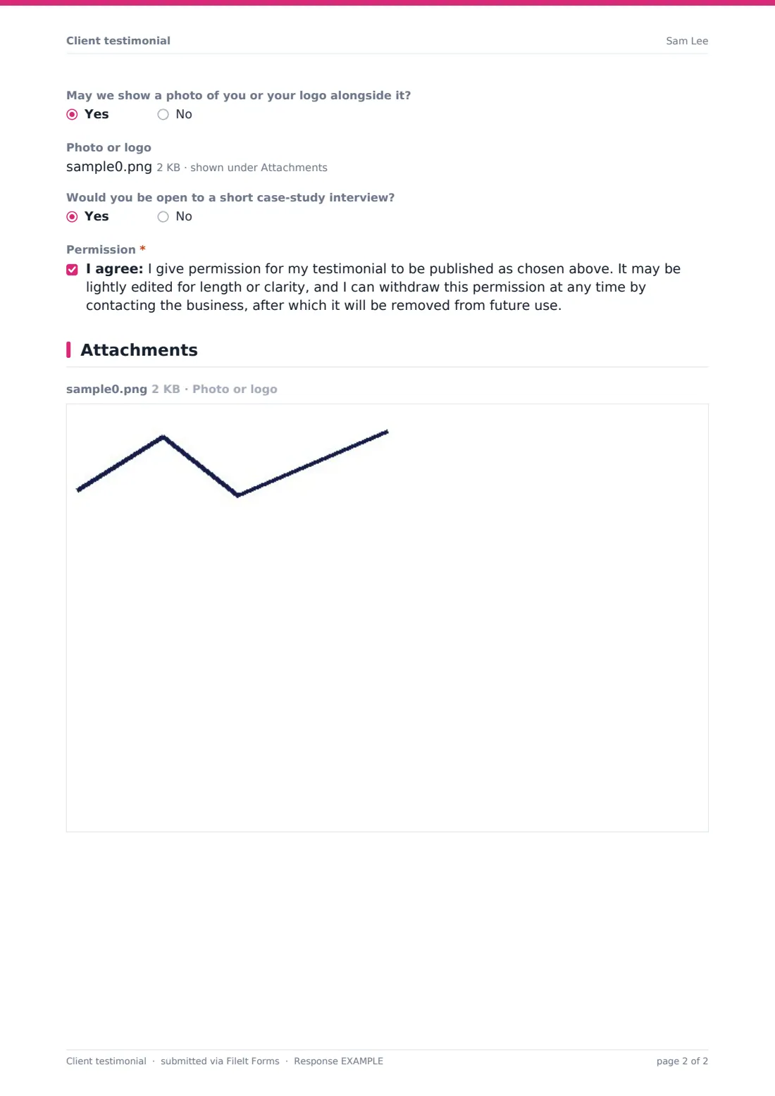 Client testimonial — example response PDF, page 2 of 2