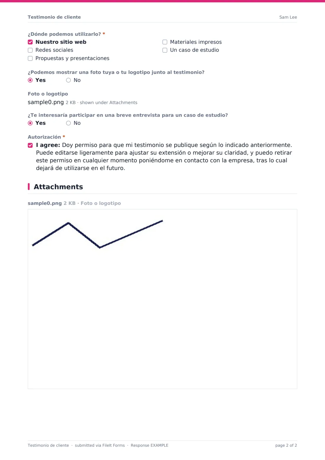 Testimonio de cliente — PDF de respuesta de ejemplo, página 2 de 2