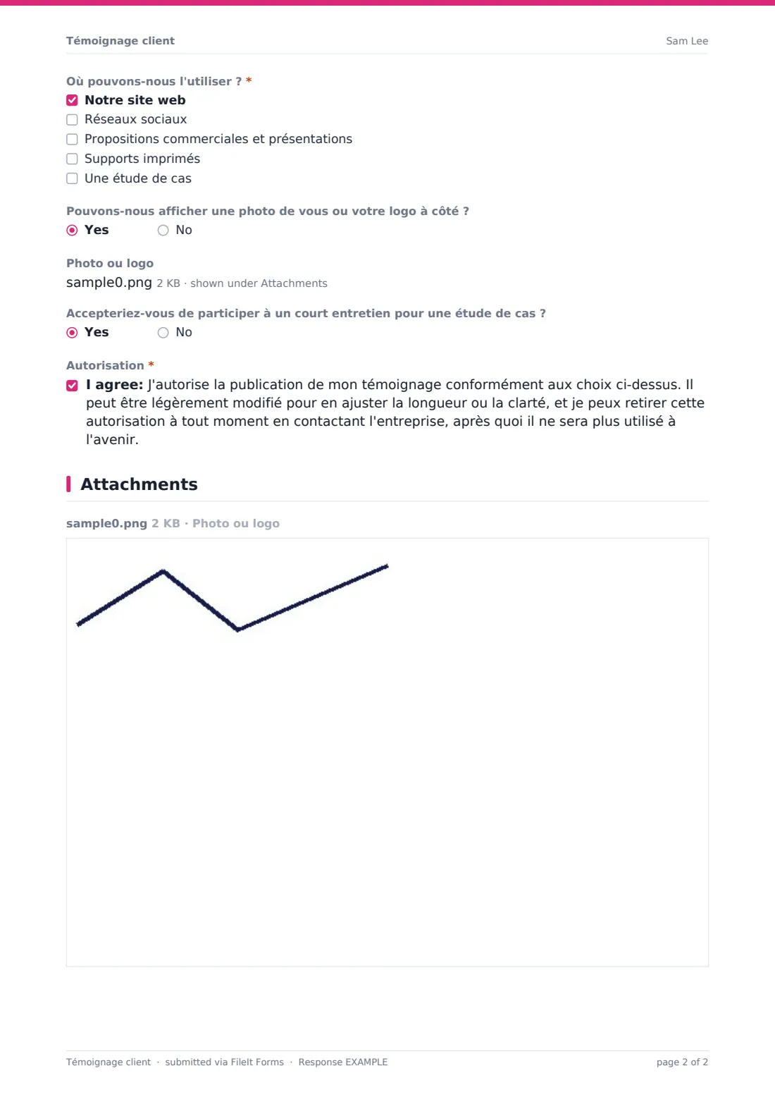 Témoignage client — exemple de réponse au format PDF, page 2 sur 2