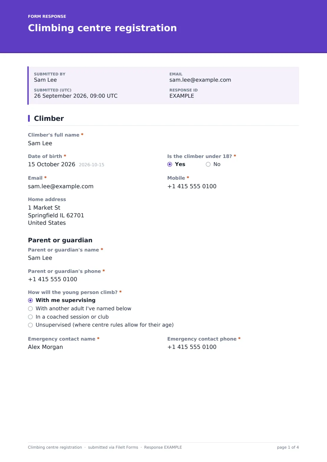 Climbing centre registration — example response PDF, page 1 of 4