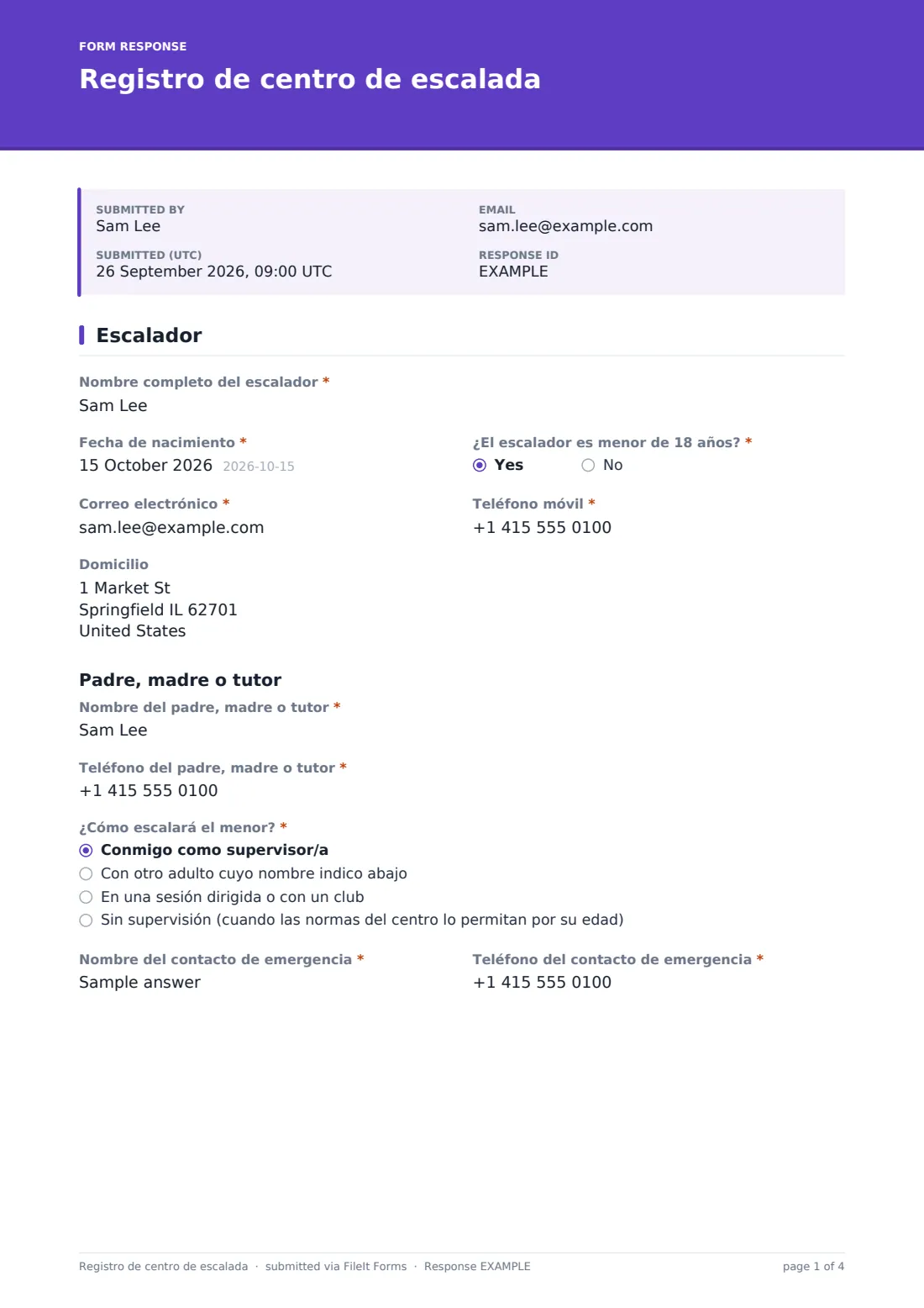 Registro de centro de escalada — PDF de respuesta de ejemplo, página 1 de 4