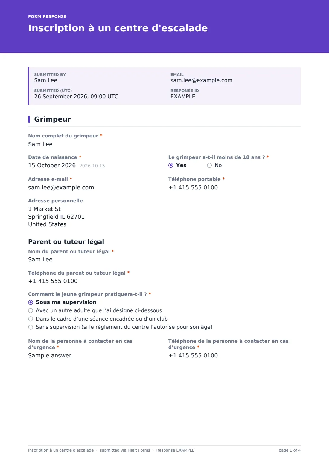 Inscription à un centre d'escalade — exemple de réponse au format PDF, page 1 sur 4