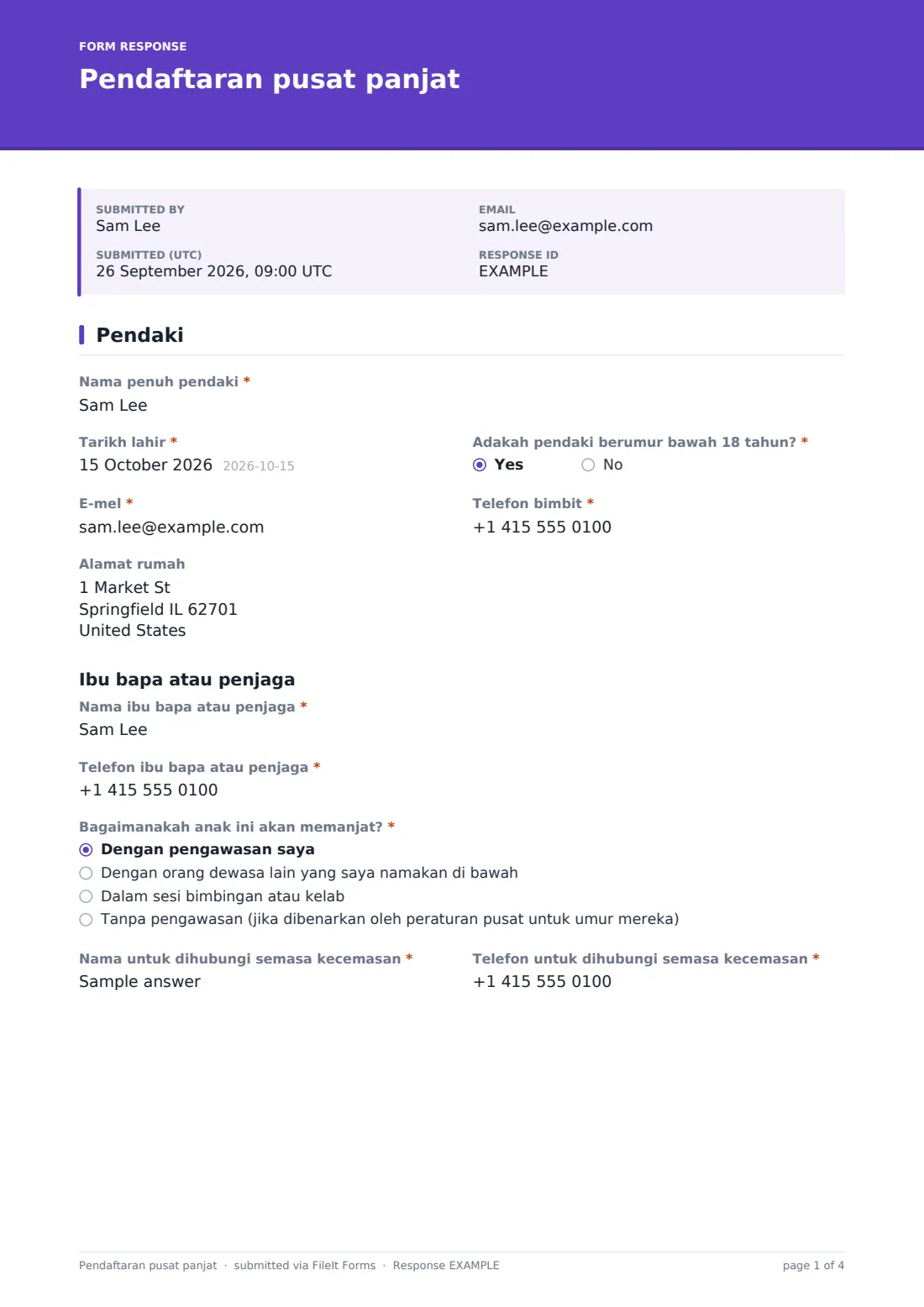 Pendaftaran pusat panjat — PDF respons contoh, halaman 1 daripada 4