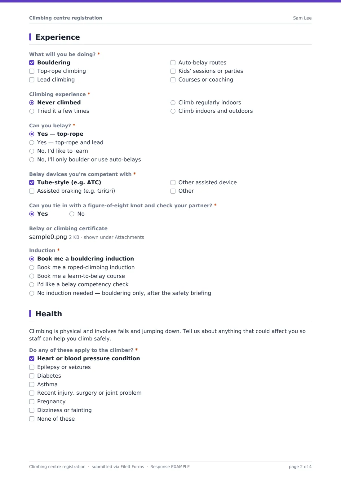 Climbing centre registration — example response PDF, page 2 of 4
