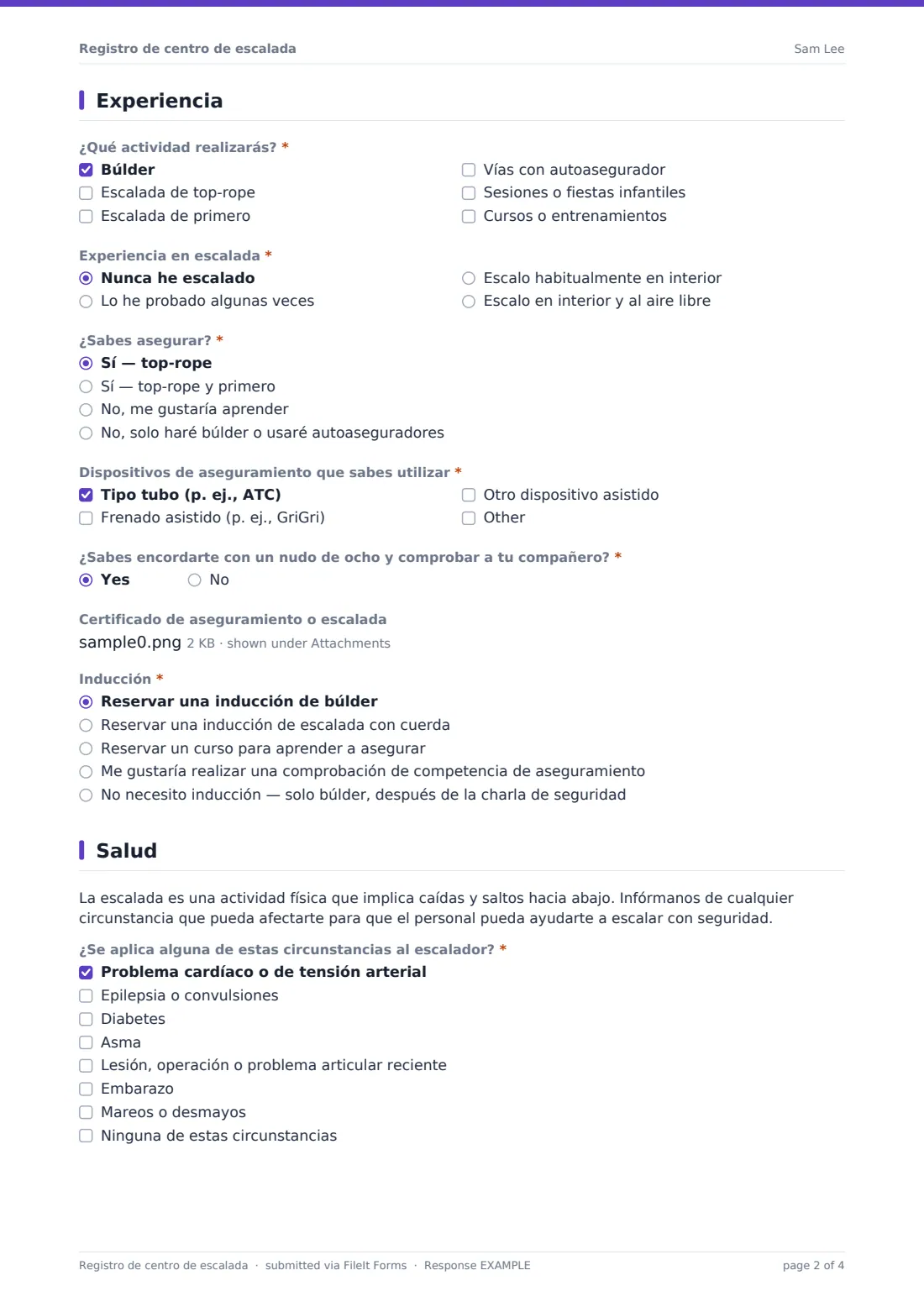 Registro de centro de escalada — PDF de respuesta de ejemplo, página 2 de 4