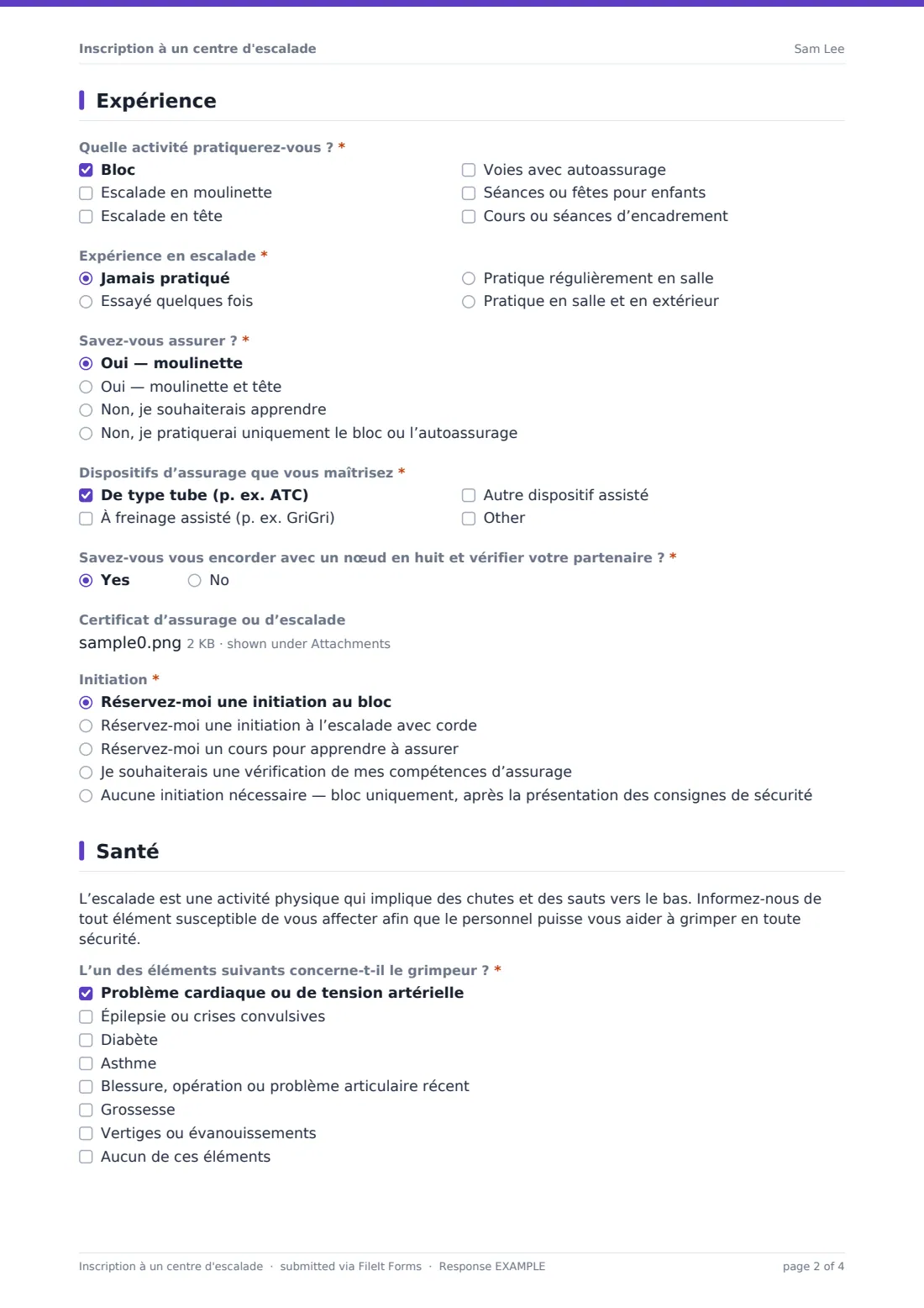 Inscription à un centre d'escalade — exemple de réponse au format PDF, page 2 sur 4