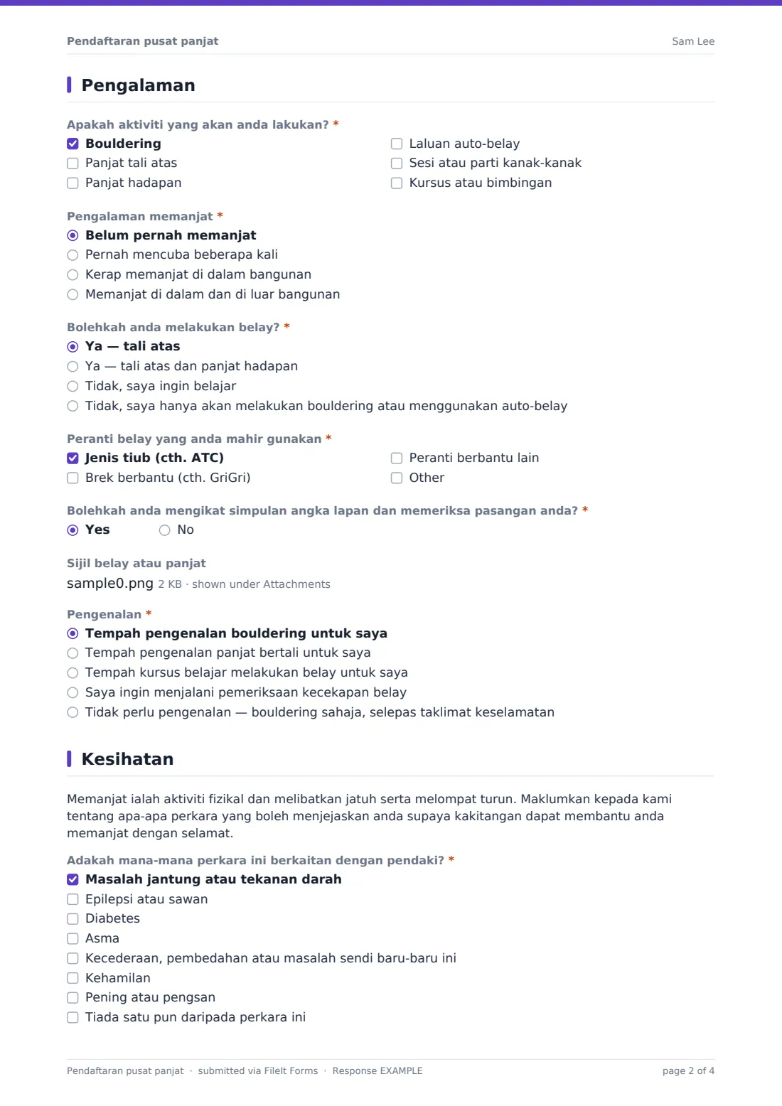 Pendaftaran pusat panjat — PDF respons contoh, halaman 2 daripada 4