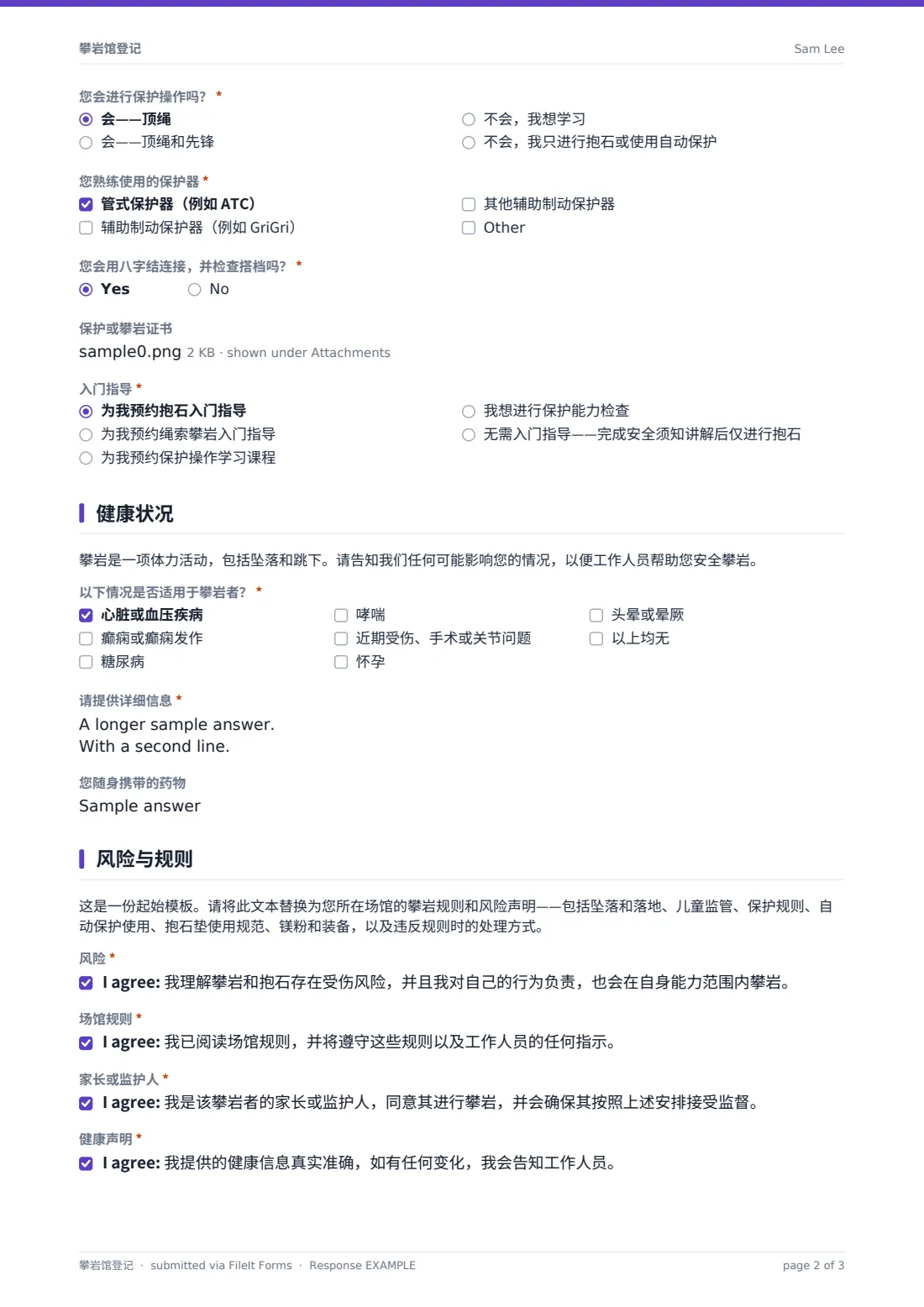 攀岩馆登记 — 示例回复 PDF，第 2 页，共 3 页