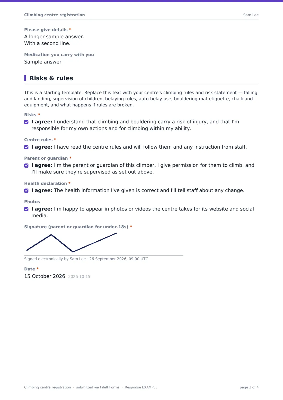 Climbing centre registration — example response PDF, page 3 of 4