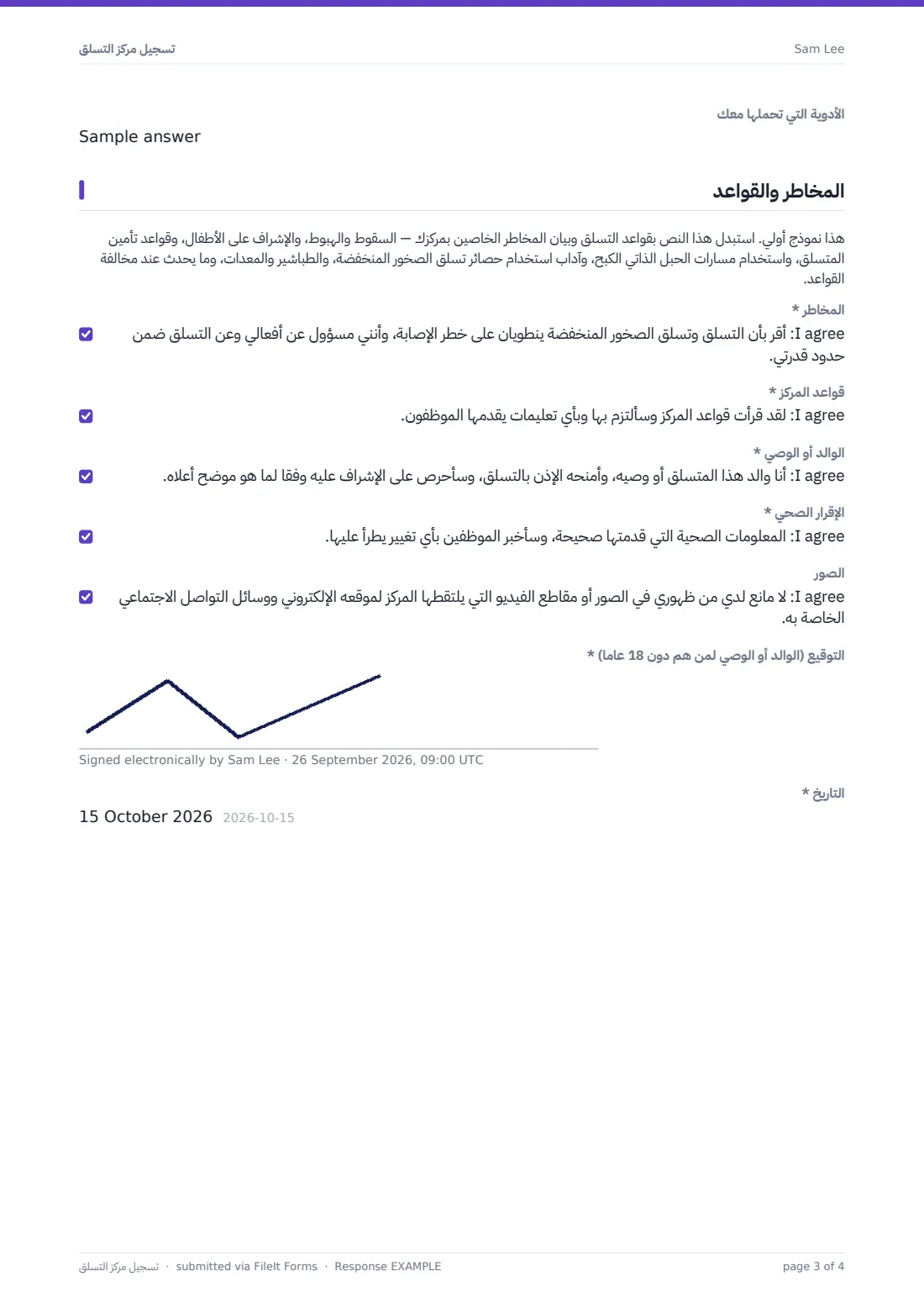 تسجيل مركز التسلق — ملف PDF لرد نموذجي، الصفحة 3 من 4