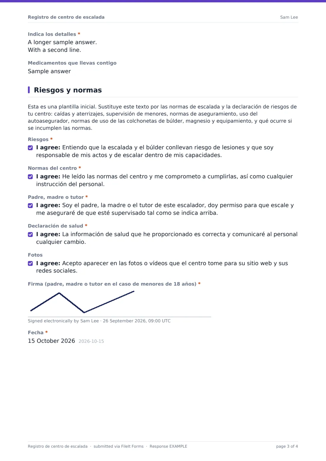 Registro de centro de escalada — PDF de respuesta de ejemplo, página 3 de 4
