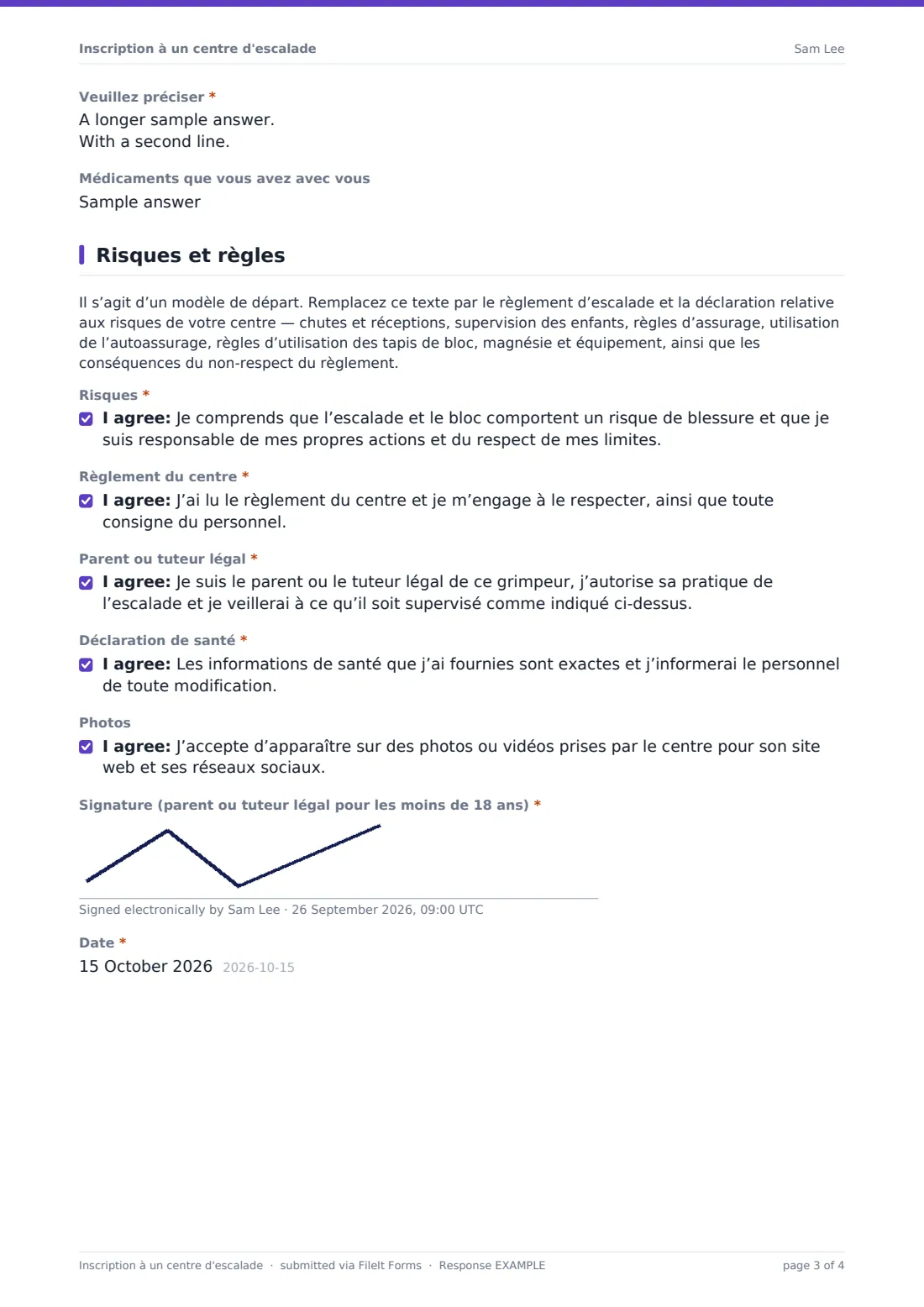 Inscription à un centre d'escalade — exemple de réponse au format PDF, page 3 sur 4