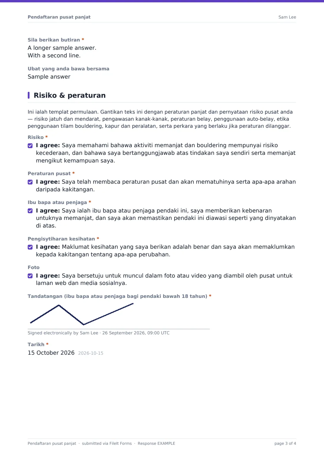 Pendaftaran pusat panjat — PDF respons contoh, halaman 3 daripada 4