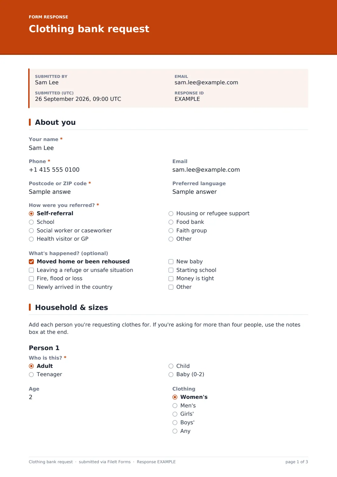 Clothing bank request — example response PDF, page 1 of 3