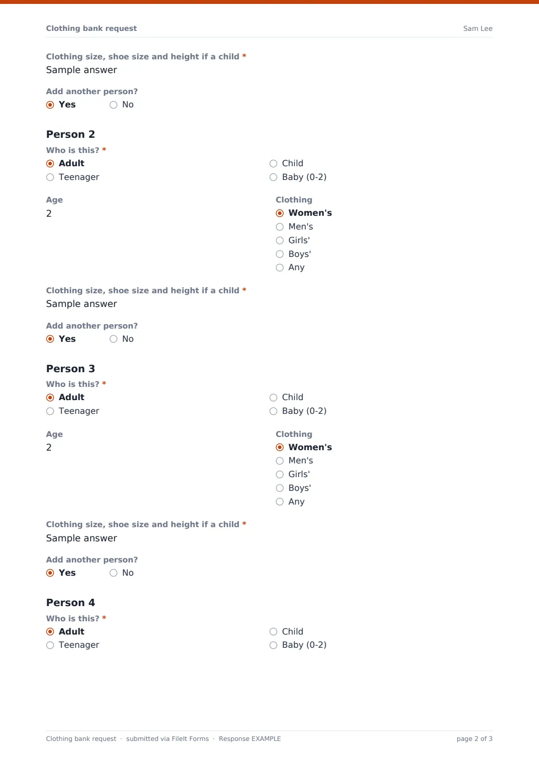 Clothing bank request — example response PDF, page 2 of 3