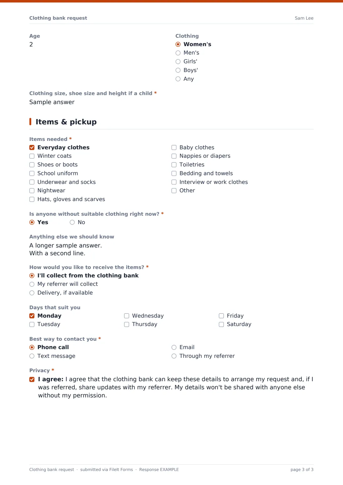 Clothing bank request — example response PDF, page 3 of 3