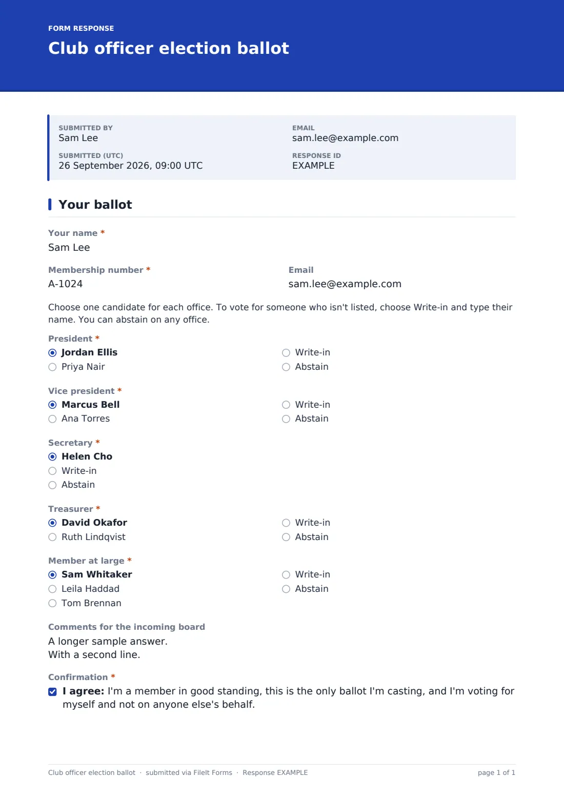 Club officer election ballot — example response PDF, page 1 of 1