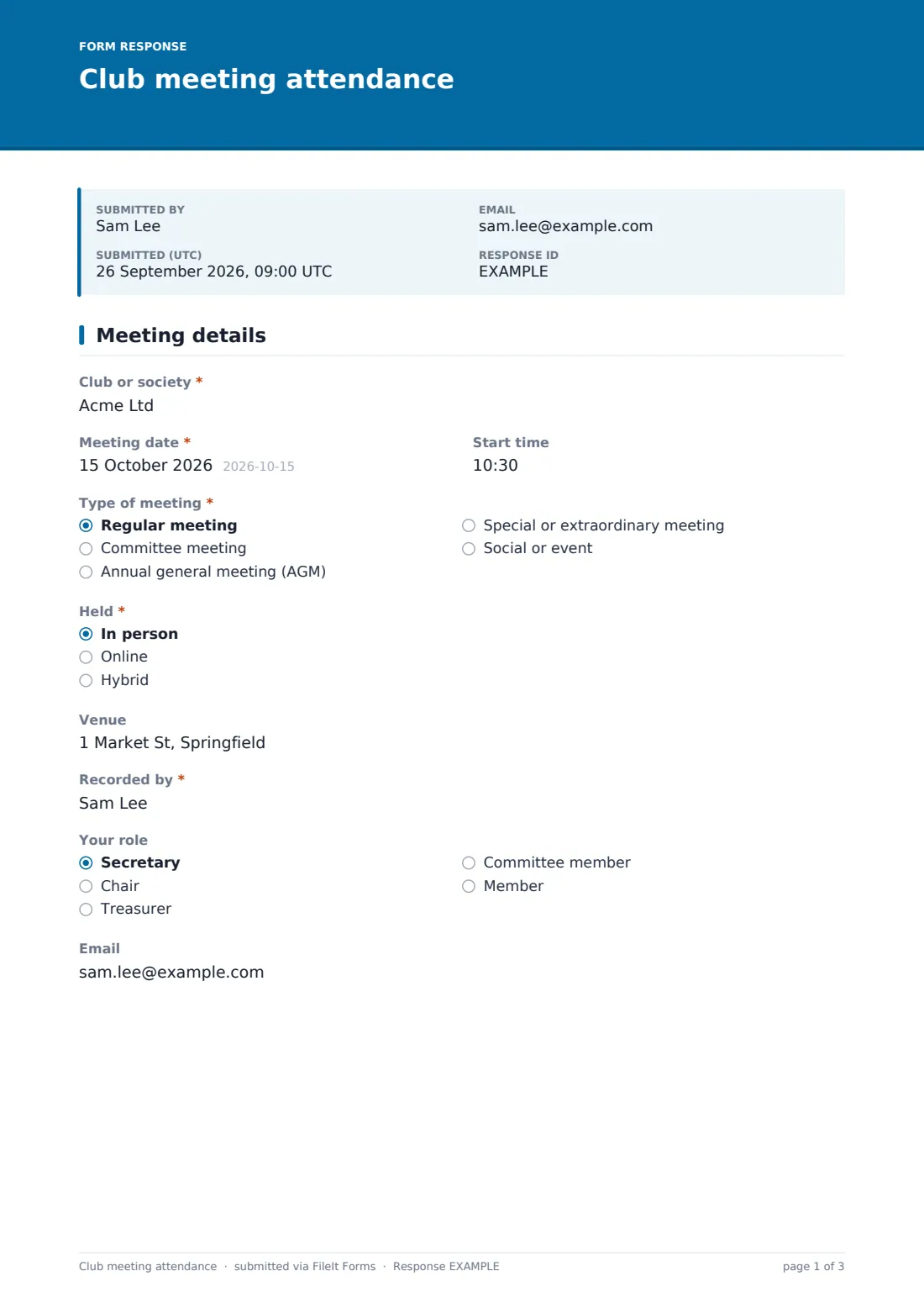 Club meeting attendance — example response PDF, page 1 of 3