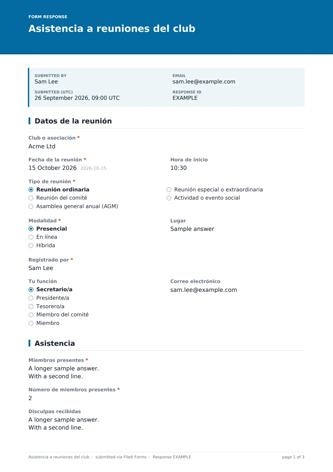 Asistencia a reuniones del club — PDF de respuesta de ejemplo, página 1 de 3