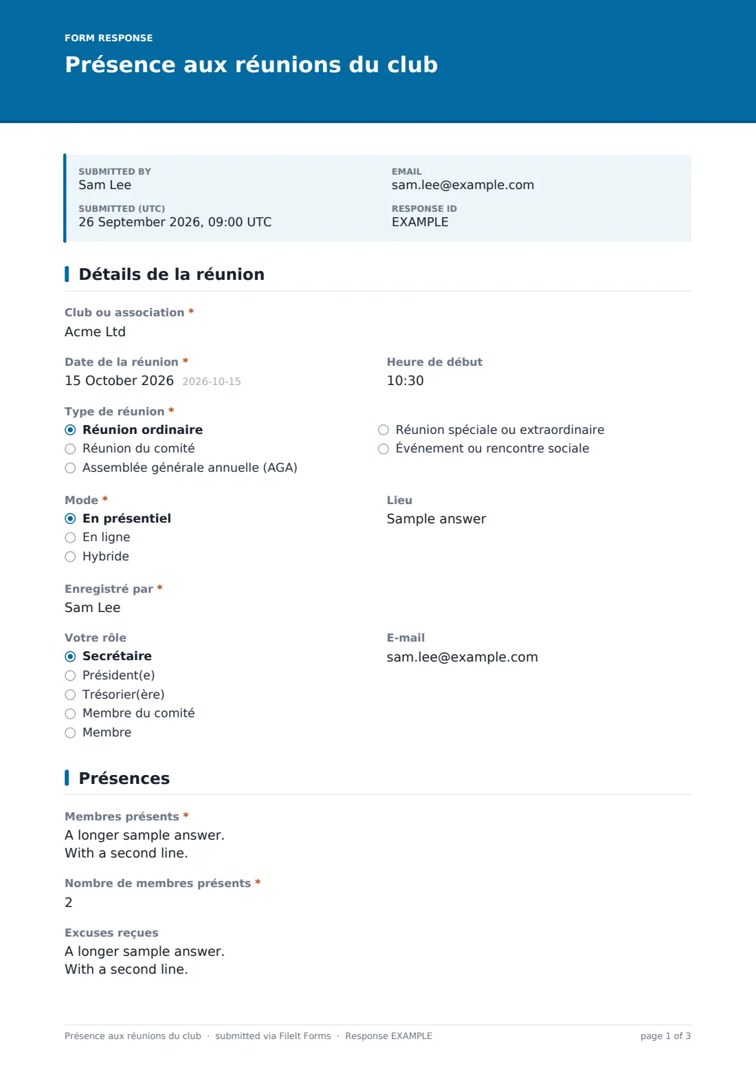 Présence aux réunions du club — exemple de réponse au format PDF, page 1 sur 3