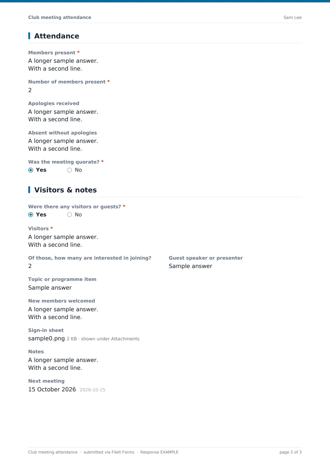 Club meeting attendance — example response PDF, page 2 of 3