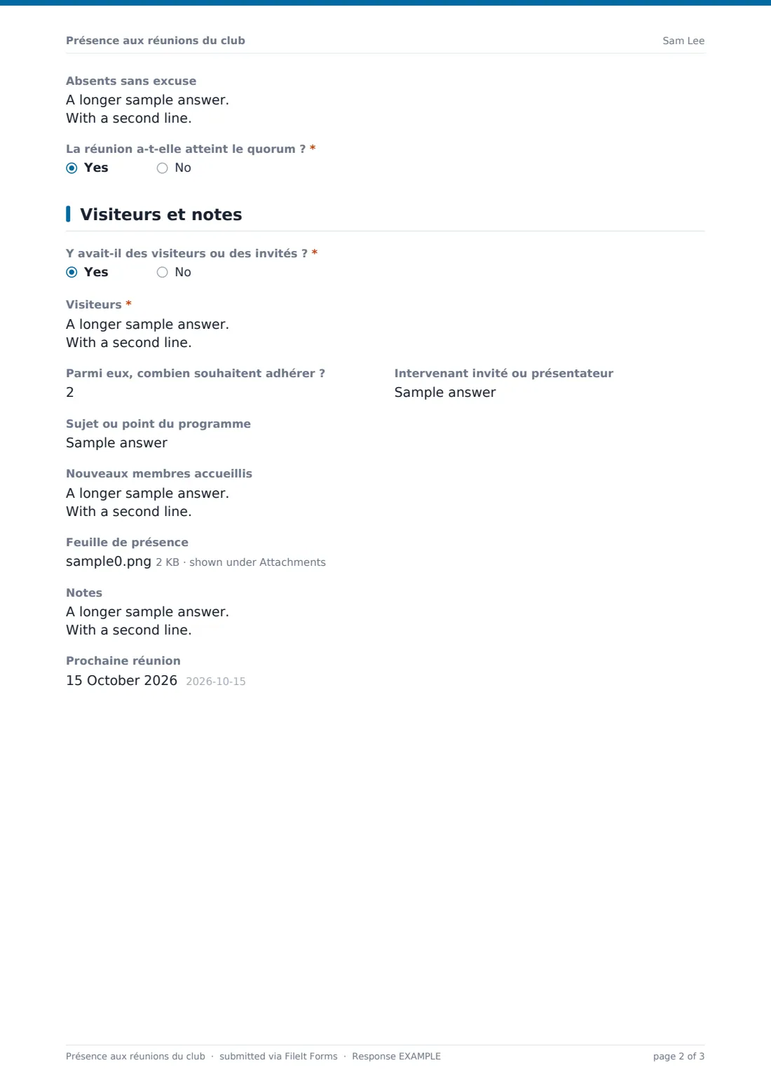 Présence aux réunions du club — exemple de réponse au format PDF, page 2 sur 3