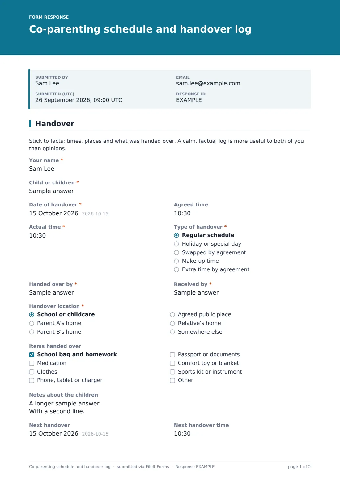 Co-parenting schedule and handover log — example response PDF, page 1 of 2