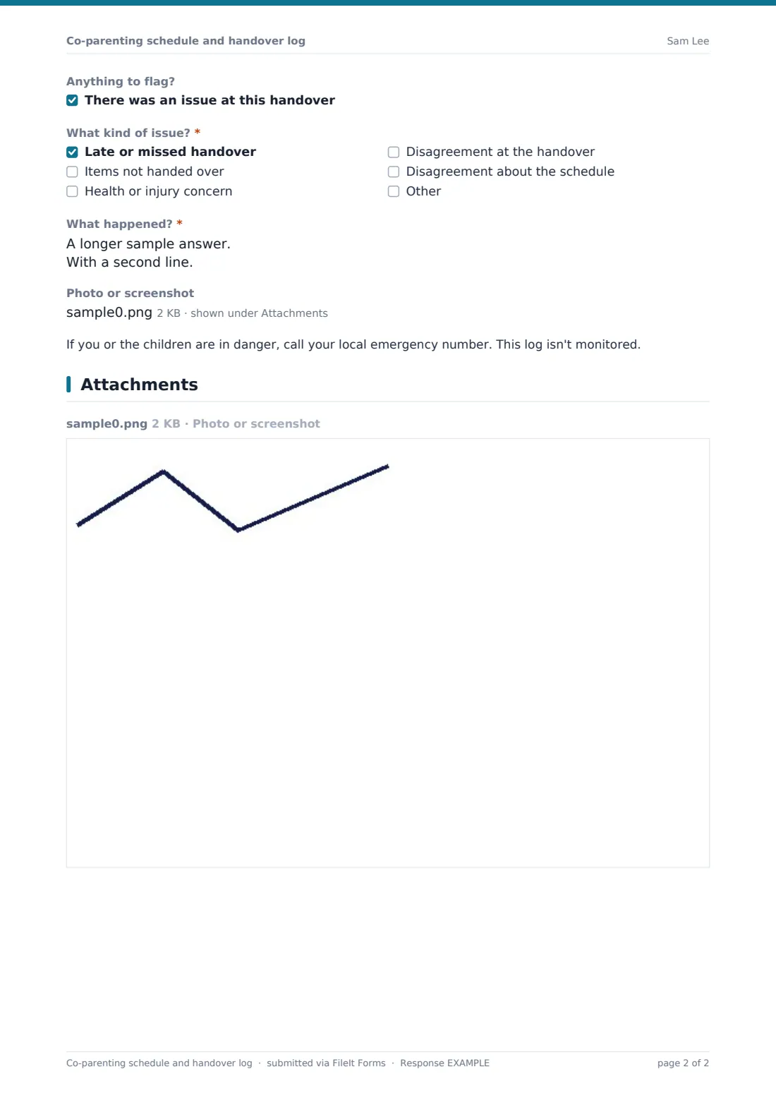 Co-parenting schedule and handover log — example response PDF, page 2 of 2