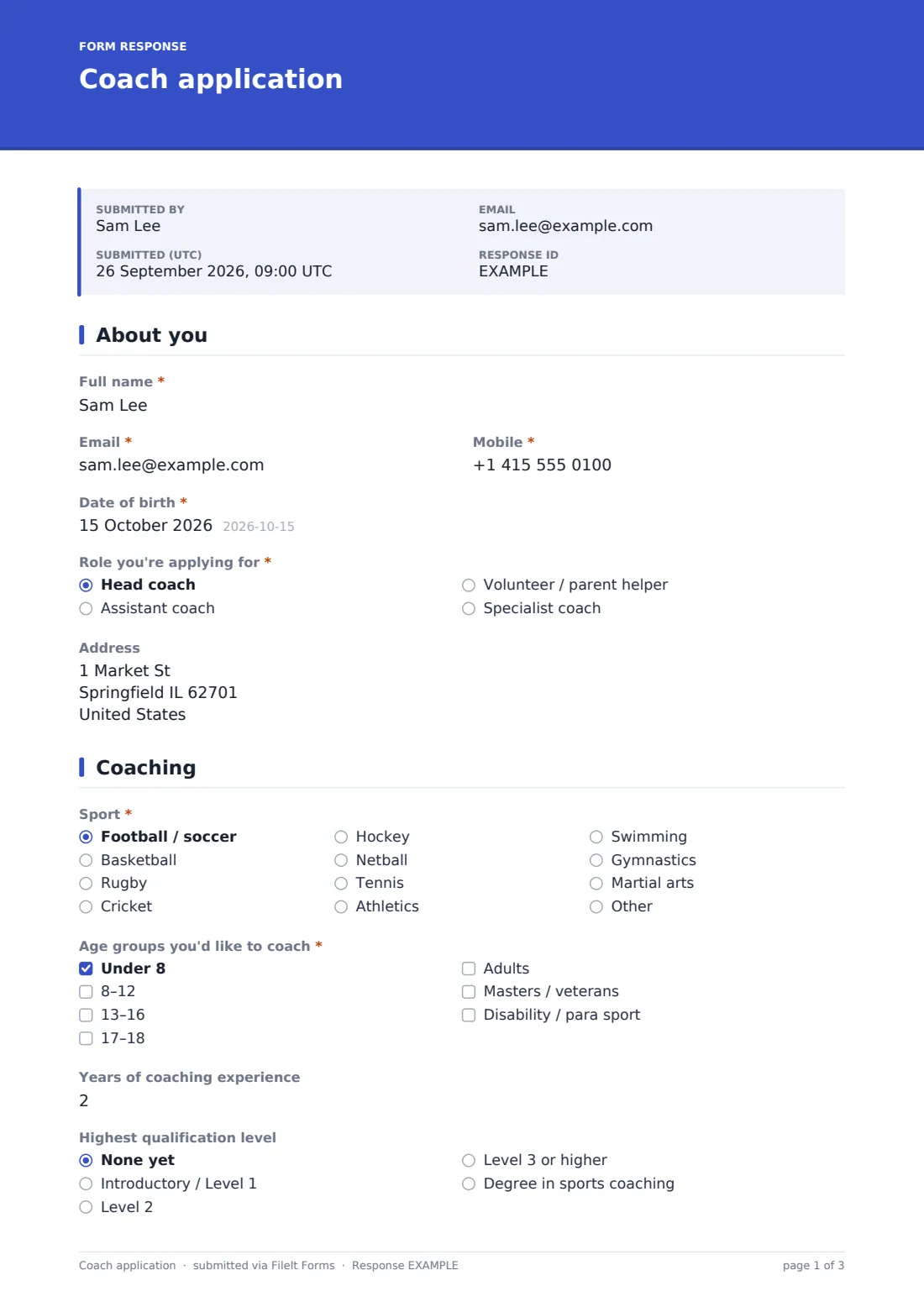 Coach application — example response PDF, page 1 of 3