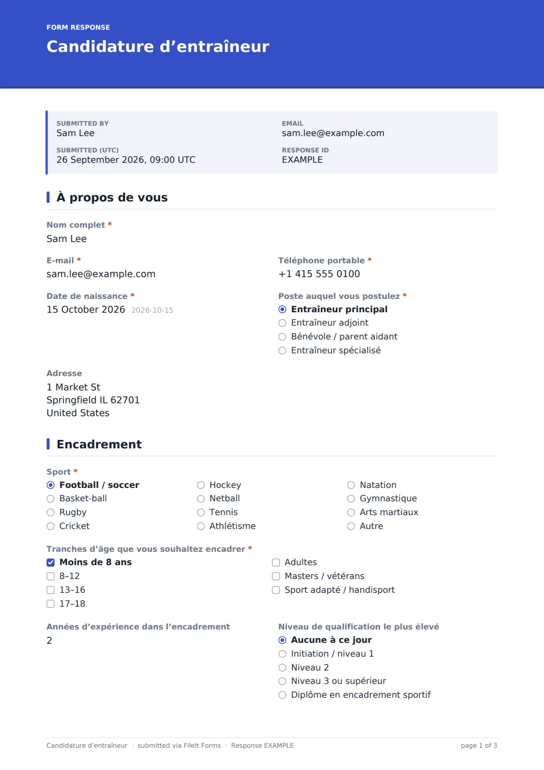 Candidature d’entraîneur — exemple de réponse au format PDF, page 1 sur 3
