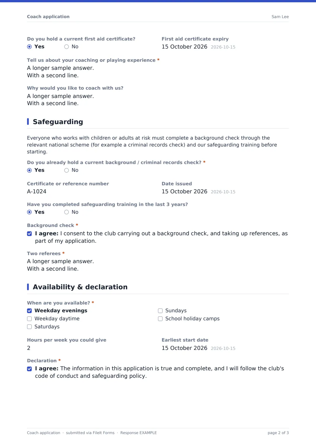 Coach application — example response PDF, page 2 of 3