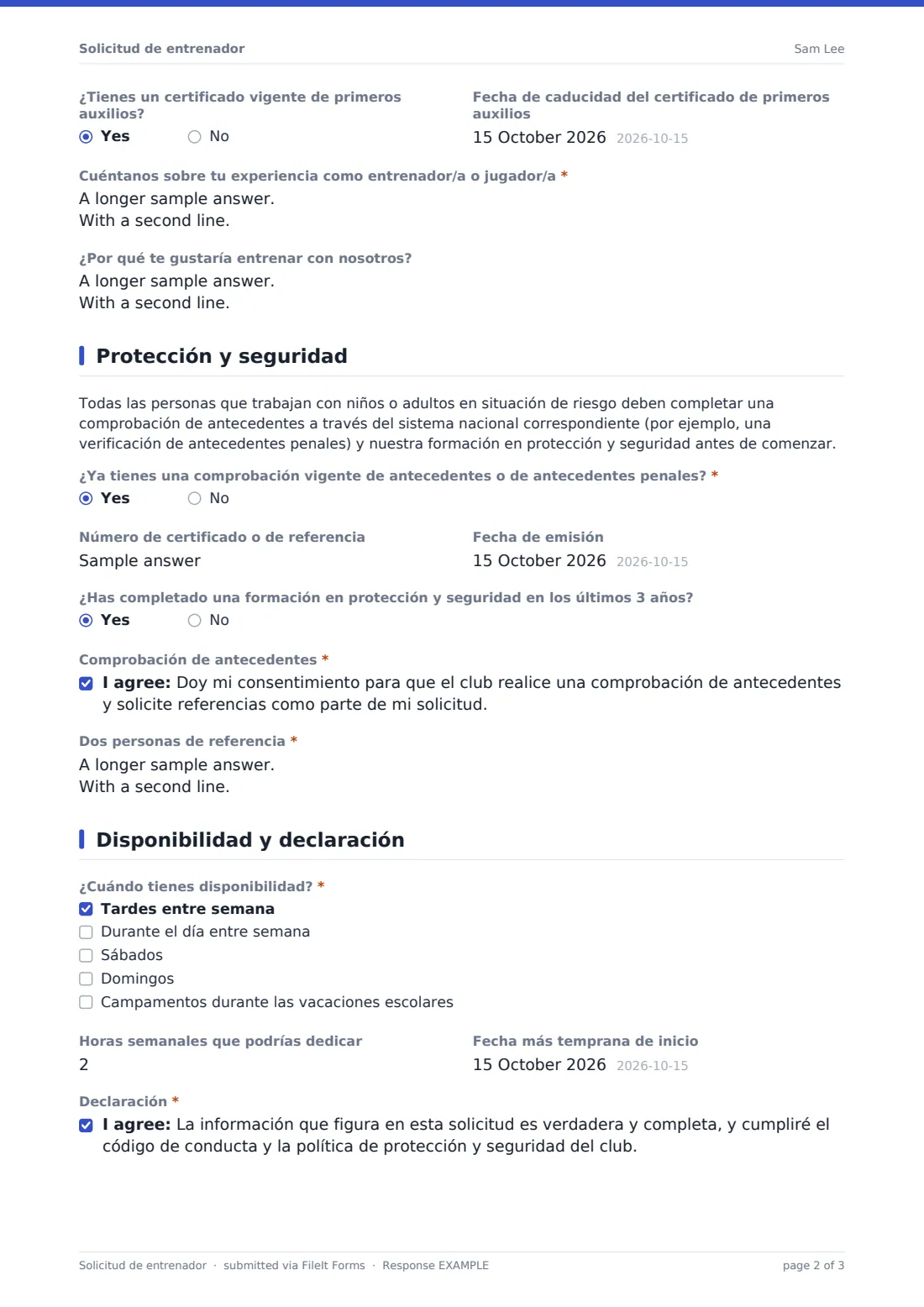 Solicitud de entrenador — PDF de respuesta de ejemplo, página 2 de 3