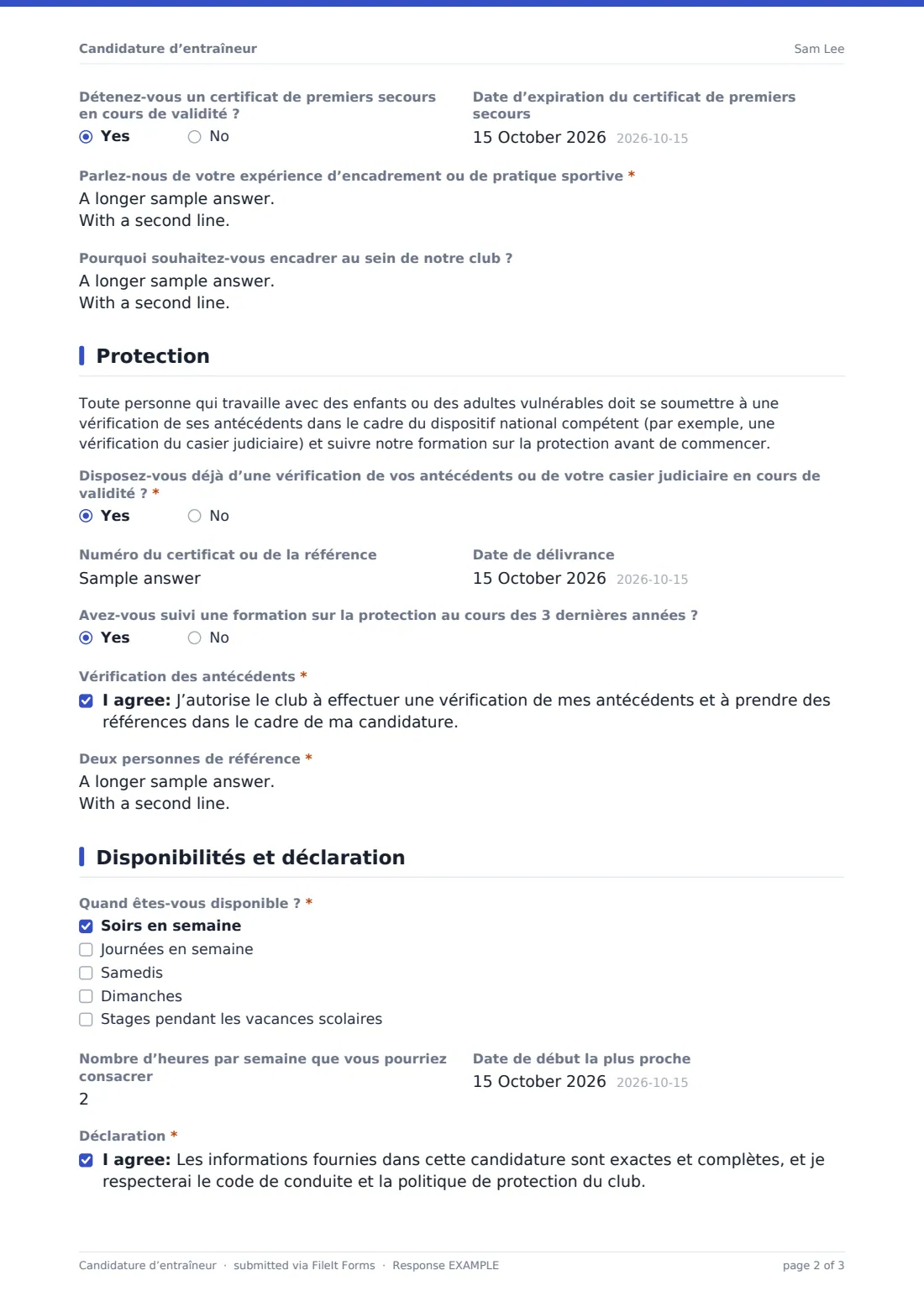 Candidature d’entraîneur — exemple de réponse au format PDF, page 2 sur 3