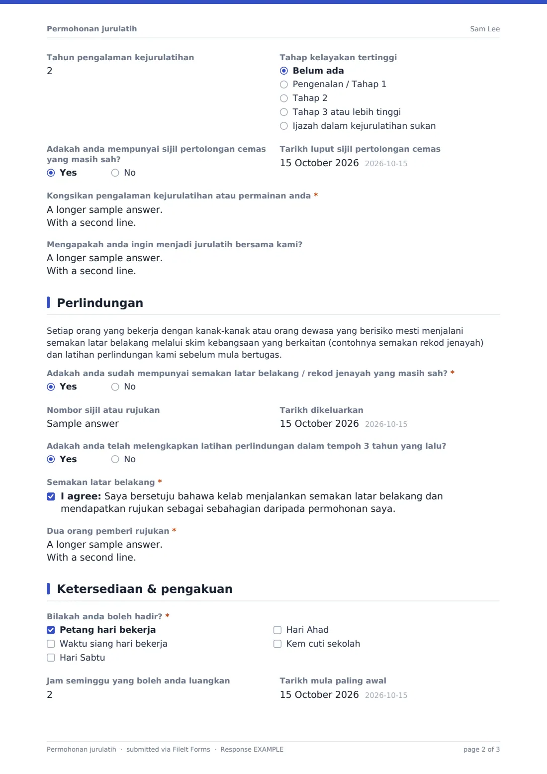 Permohonan jurulatih — PDF respons contoh, halaman 2 daripada 3