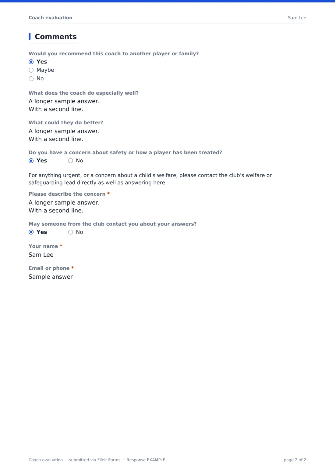 Coach evaluation — example response PDF, page 2 of 2
