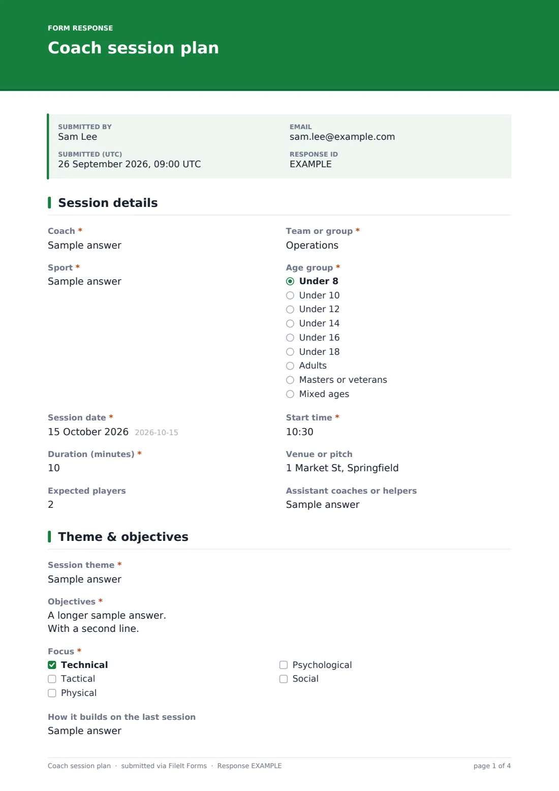 Coach session plan — example response PDF, page 1 of 4